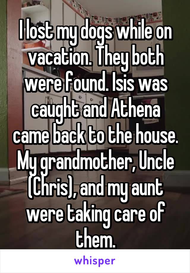 I lost my dogs while on vacation. They both were found. Isis was caught and Athena came back to the house. My grandmother, Uncle (Chris), and my aunt were taking care of them.