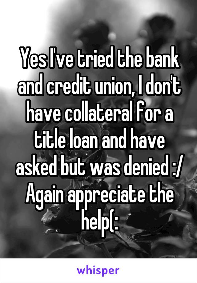 Yes I've tried the bank and credit union, I don't have collateral for a title loan and have asked but was denied :/
Again appreciate the help(: