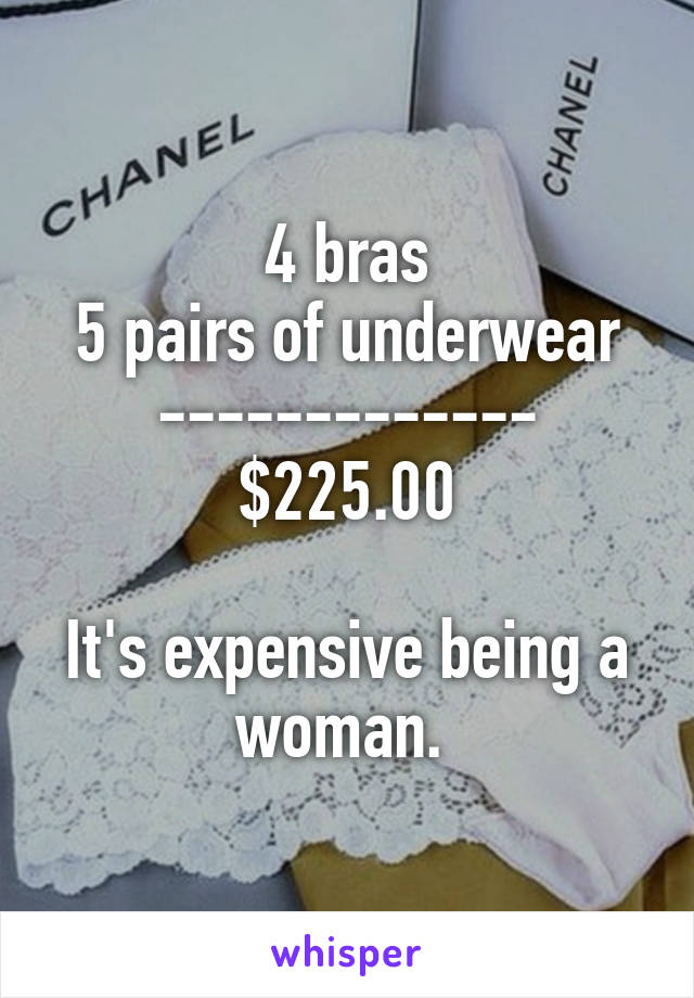 4 bras
5 pairs of underwear
-------------
$225.00

It's expensive being a woman. 