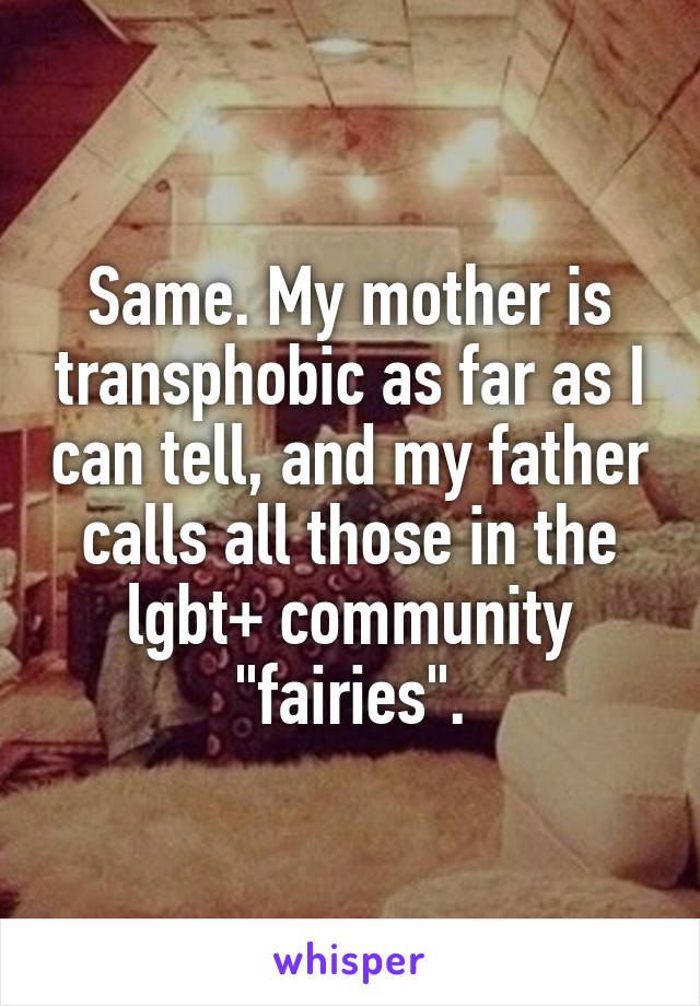 Same. My mother is transphobic as far as I can tell, and my father calls all those in the lgbt+ community "fairies".