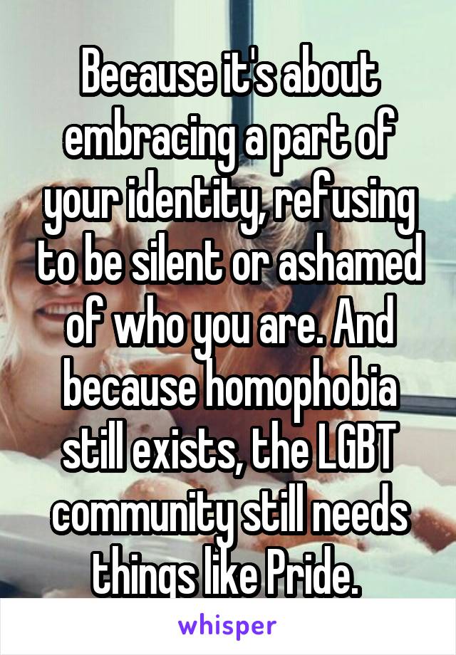 Because it's about embracing a part of your identity, refusing to be silent or ashamed of who you are. And because homophobia still exists, the LGBT community still needs things like Pride. 