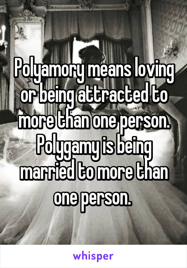 Polyamory means loving or being attracted to more than one person. Polygamy is being married to more than one person. 