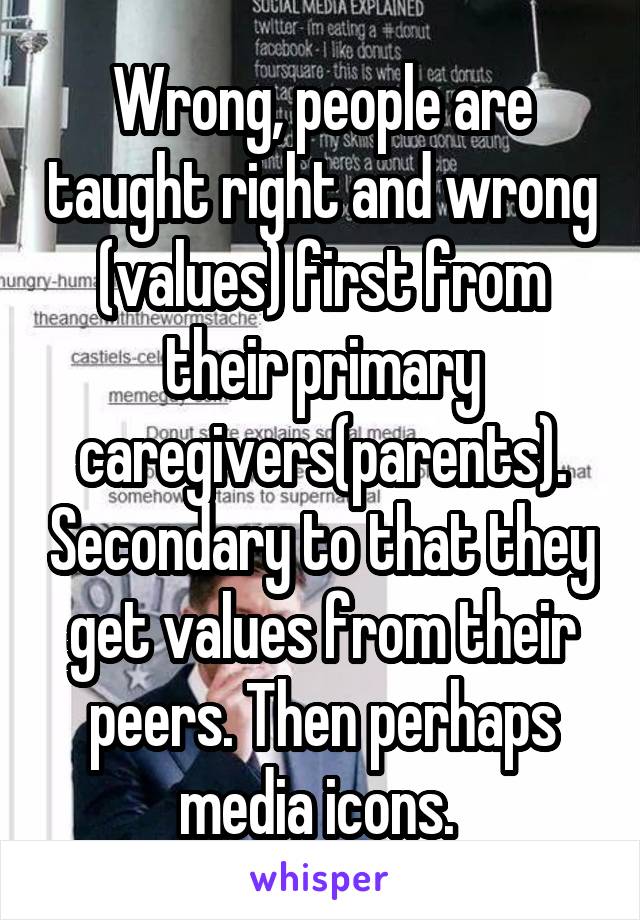 Wrong, people are taught right and wrong (values) first from their primary caregivers(parents). Secondary to that they get values from their peers. Then perhaps media icons. 