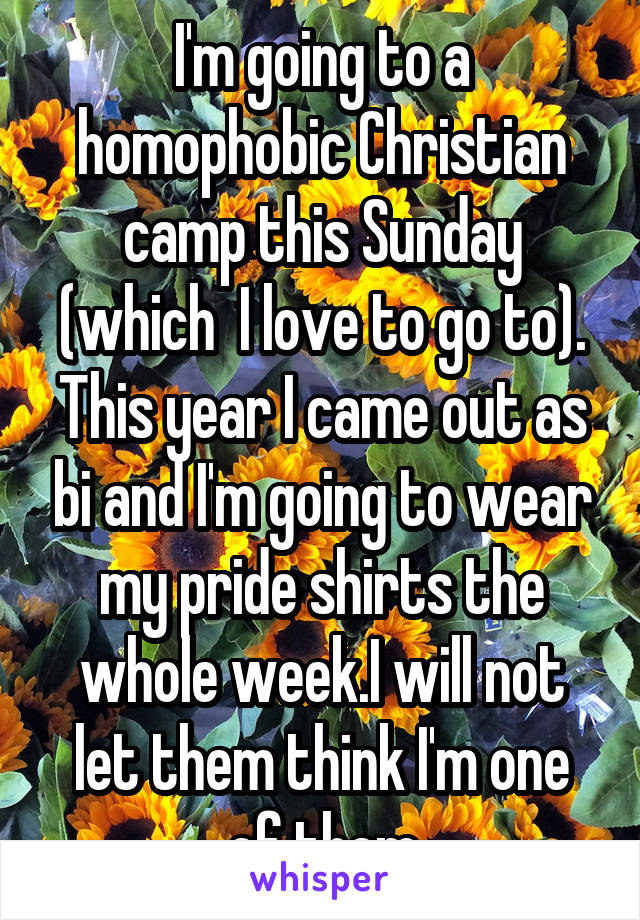 I'm going to a homophobic Christian camp this Sunday (which  I love to go to). This year I came out as bi and I'm going to wear my pride shirts the whole week.I will not let them think I'm one of them