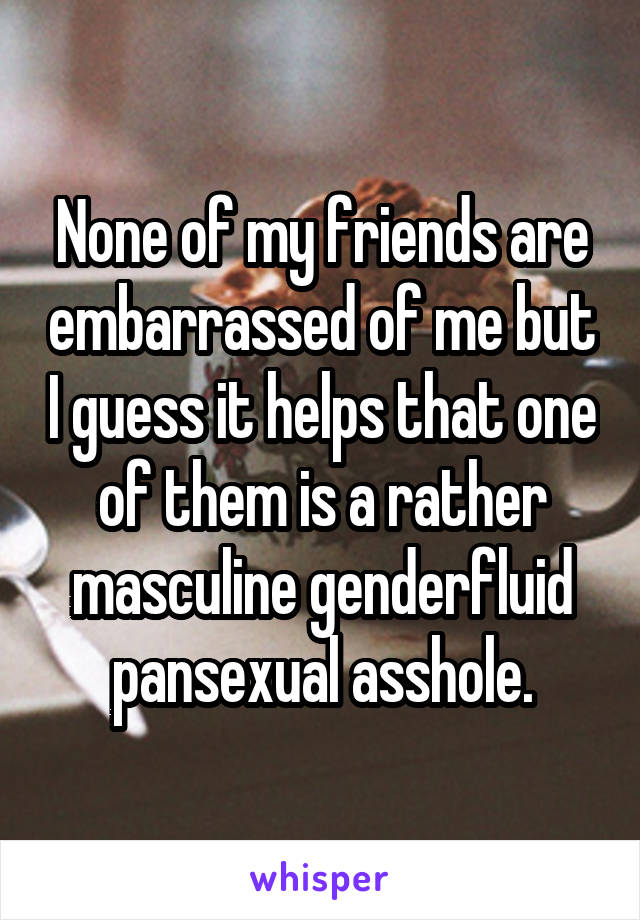 None of my friends are embarrassed of me but I guess it helps that one of them is a rather masculine genderfluid pansexual asshole.