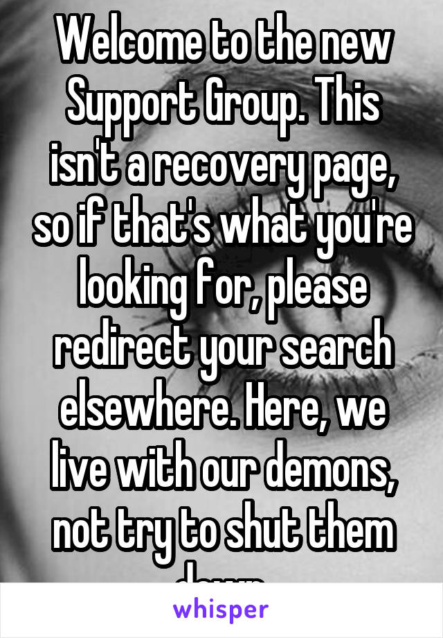 Welcome to the new Support Group. This isn't a recovery page, so if that's what you're looking for, please redirect your search elsewhere. Here, we live with our demons, not try to shut them down.