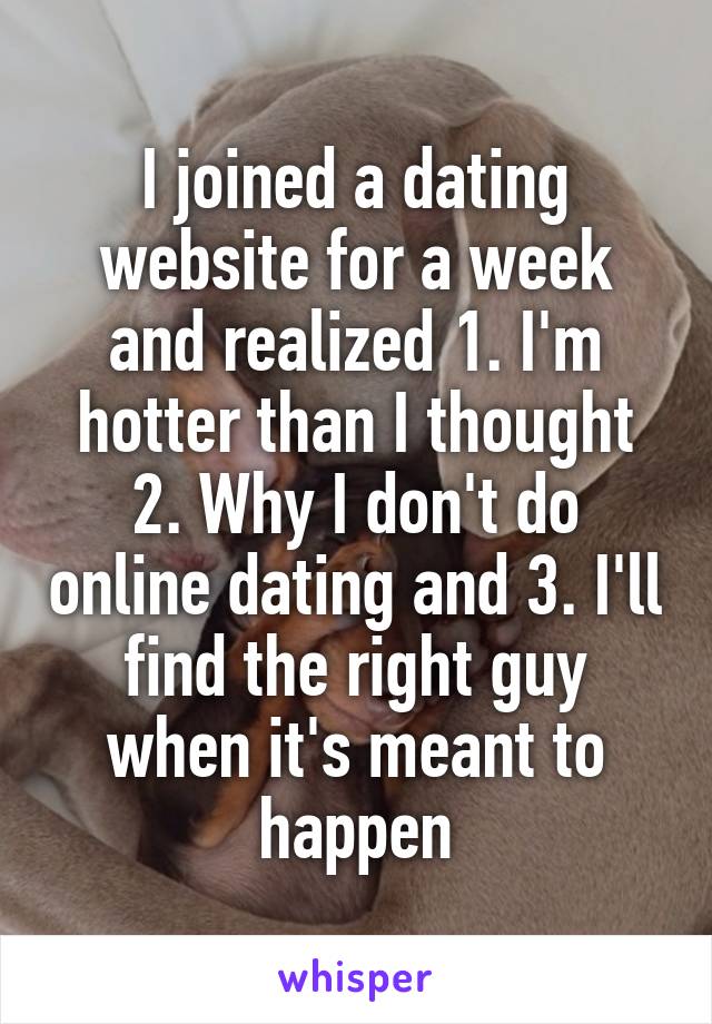 I joined a dating website for a week and realized 1. I'm hotter than I thought 2. Why I don't do online dating and 3. I'll find the right guy when it's meant to happen