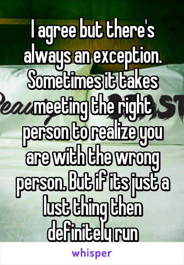 I agree but there's always an exception. Sometimes it takes meeting the right person to realize you are with the wrong person. But if its just a lust thing then definitely run