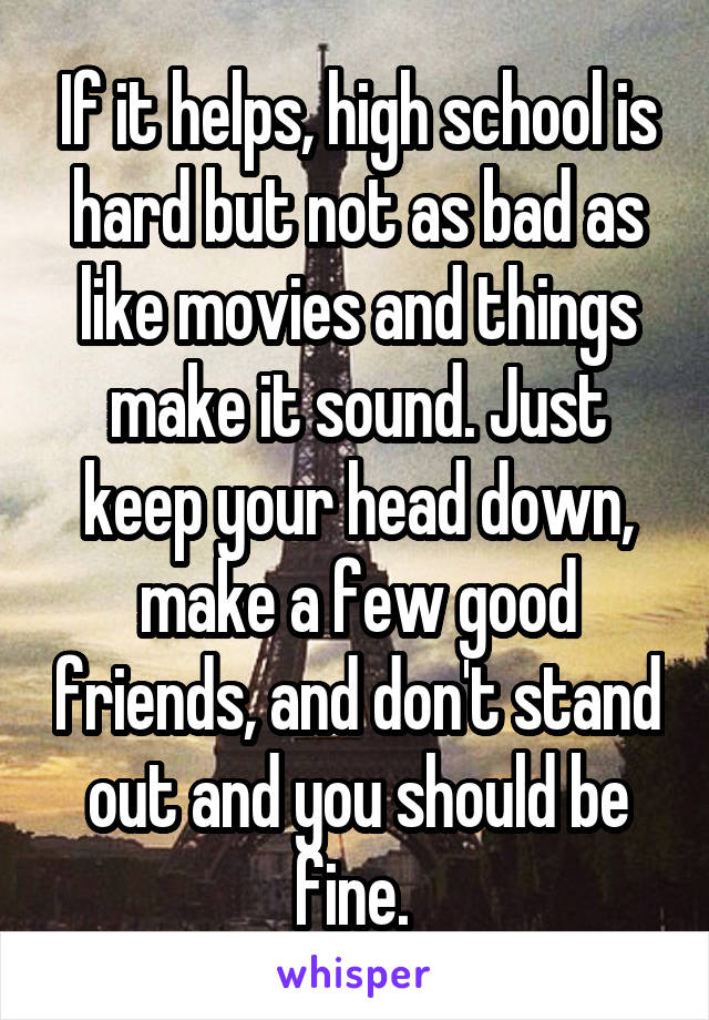 If it helps, high school is hard but not as bad as like movies and things make it sound. Just keep your head down, make a few good friends, and don't stand out and you should be fine. 