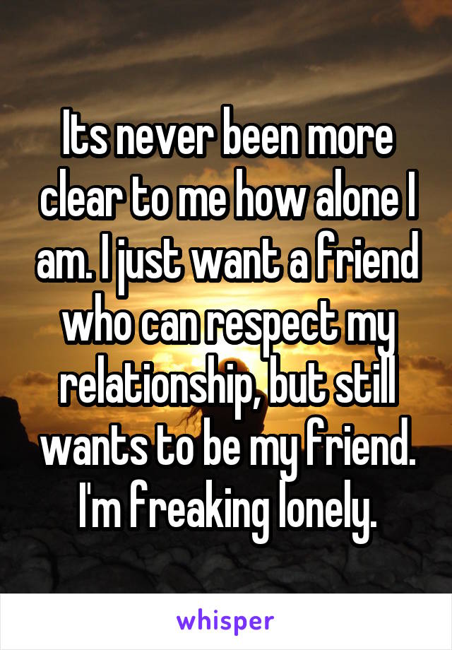 Its never been more clear to me how alone I am. I just want a friend who can respect my relationship, but still wants to be my friend. I'm freaking lonely.