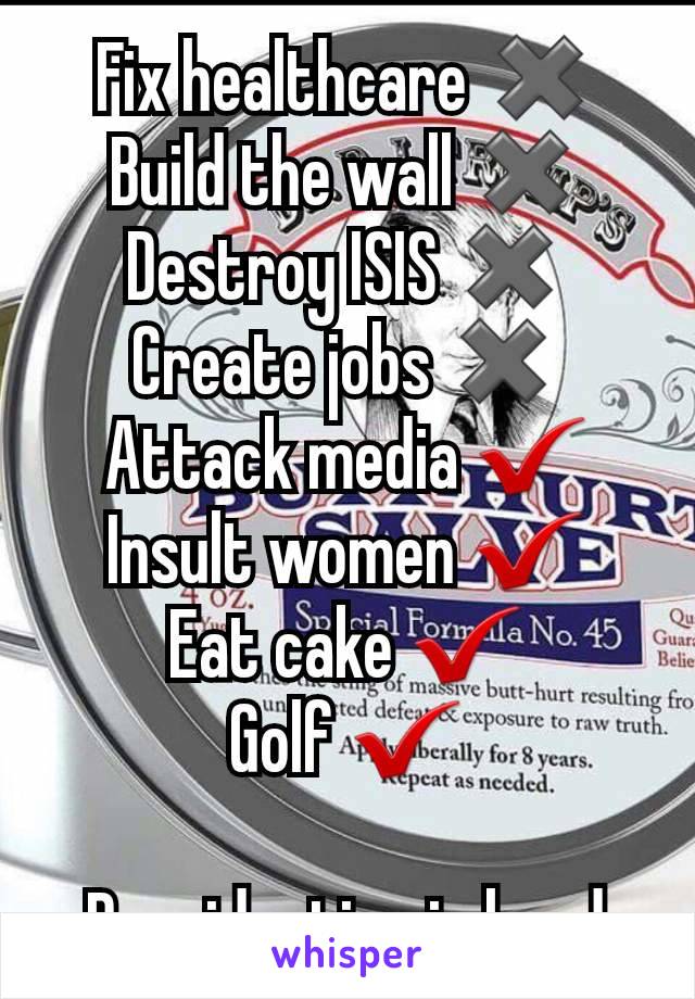 Fix healthcare ✖
Build the wall ✖
Destroy ISIS ✖
Create jobs ✖
Attack media ✔
Insult women ✔
Eat cake ✔
Golf ✔

Presidenting is hard