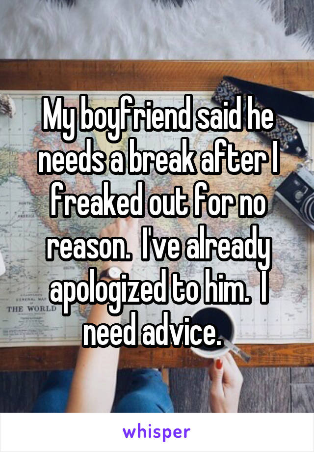 My boyfriend said he needs a break after I freaked out for no reason.  I've already apologized to him.  I need advice.  