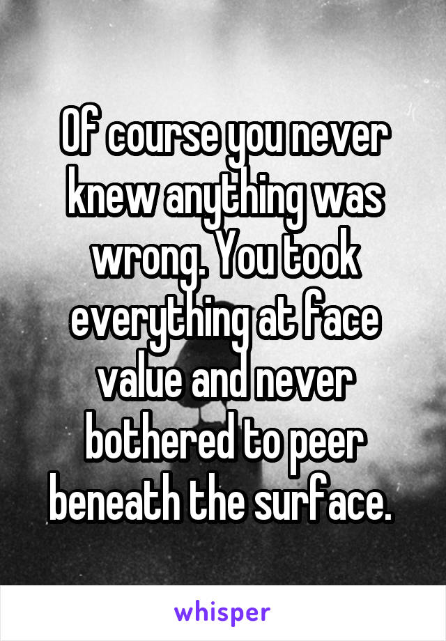 Of course you never knew anything was wrong. You took everything at face value and never bothered to peer beneath the surface. 