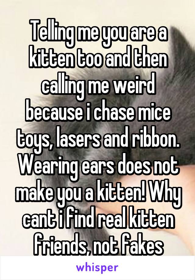Telling me you are a kitten too and then calling me weird because i chase mice toys, lasers and ribbon. Wearing ears does not make you a kitten! Why cant i find real kitten friends, not fakes