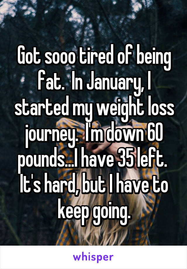 Got sooo tired of being fat.  In January, I started my weight loss journey.  I'm down 60 pounds...I have 35 left.  It's hard, but I have to keep going.