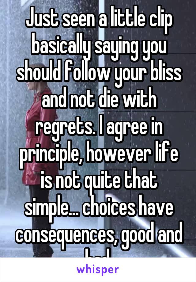 Just seen a little clip basically saying you should follow your bliss and not die with regrets. I agree in principle, however life is not quite that simple... choices have consequences, good and bad.