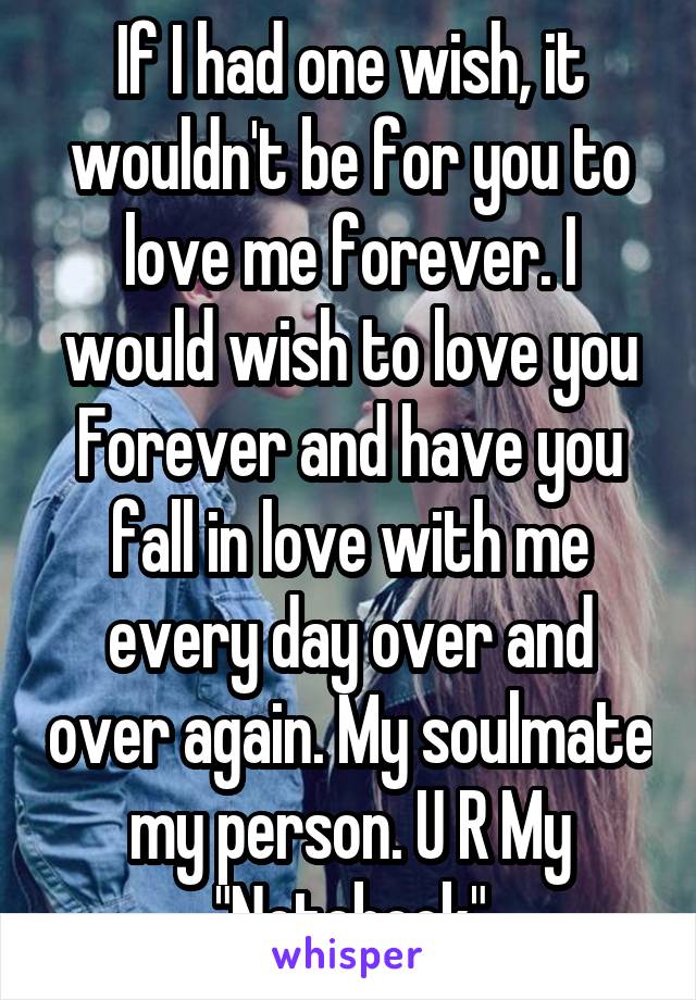 If I had one wish, it wouldn't be for you to love me forever. I would wish to love you Forever and have you fall in love with me every day over and over again. My soulmate my person. U R My "Notebook"