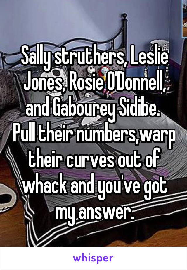 Sally struthers, Leslie Jones, Rosie O'Donnell, and Gabourey Sidibe.  Pull their numbers,warp their curves out of whack and you've got my answer.