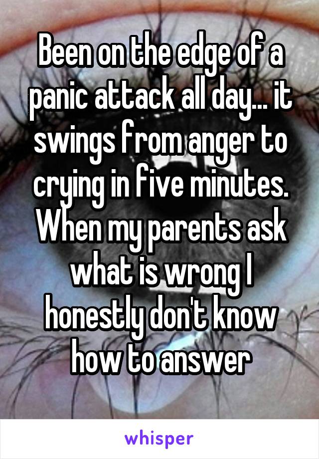 Been on the edge of a panic attack all day... it swings from anger to crying in five minutes. When my parents ask what is wrong I honestly don't know how to answer
