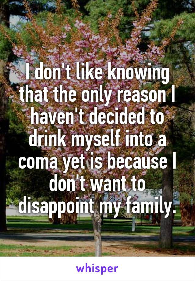 I don't like knowing that the only reason I haven't decided to drink myself into a coma yet is because I don't want to disappoint my family.