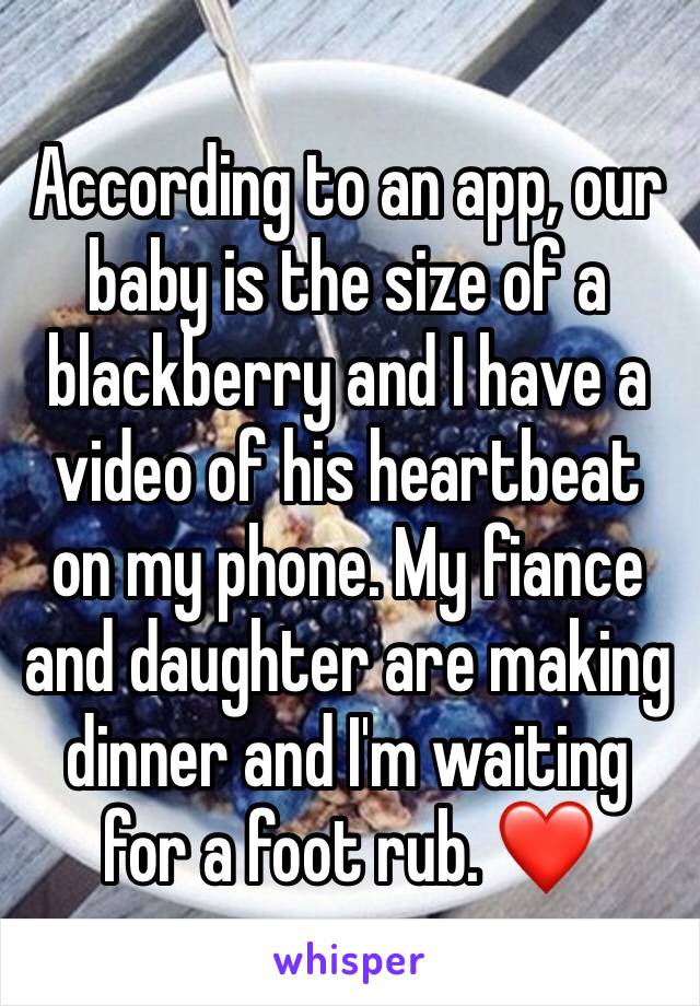 According to an app, our baby is the size of a blackberry and I have a video of his heartbeat on my phone. My fiance and daughter are making dinner and I'm waiting for a foot rub. ❤️