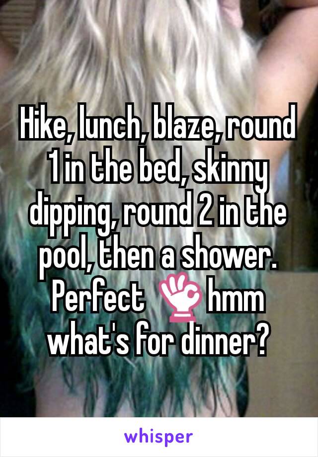 Hike, lunch, blaze, round 1 in the bed, skinny dipping, round 2 in the pool, then a shower. Perfect 👌hmm what's for dinner?