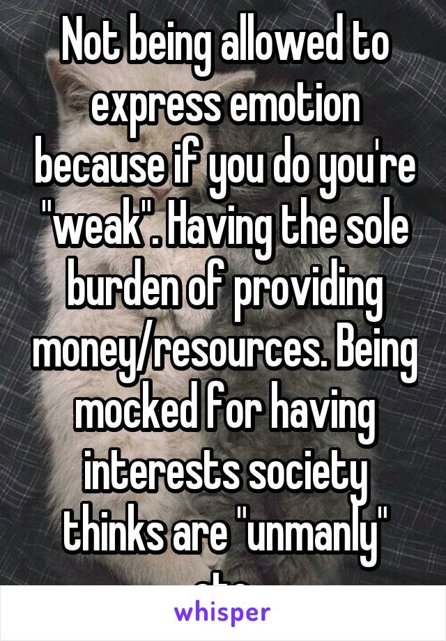 Not being allowed to express emotion because if you do you're "weak". Having the sole burden of providing money/resources. Being mocked for having interests society thinks are "unmanly" etc.