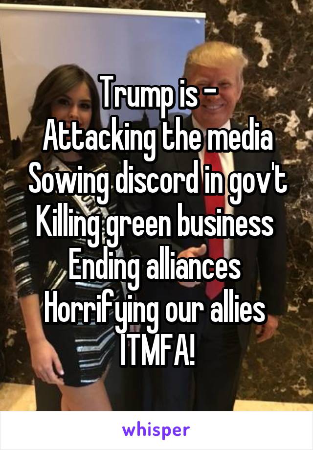 Trump is -
Attacking the media
Sowing discord in gov't
Killing green business 
Ending alliances 
Horrifying our allies 
ITMFA!