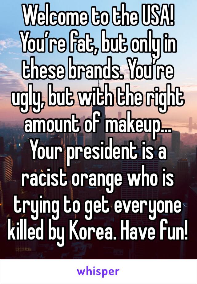 Welcome to the USA! You’re fat, but only in these brands. You’re ugly, but with the right amount of makeup... Your president is a racist orange who is trying to get everyone killed by Korea. Have fun!