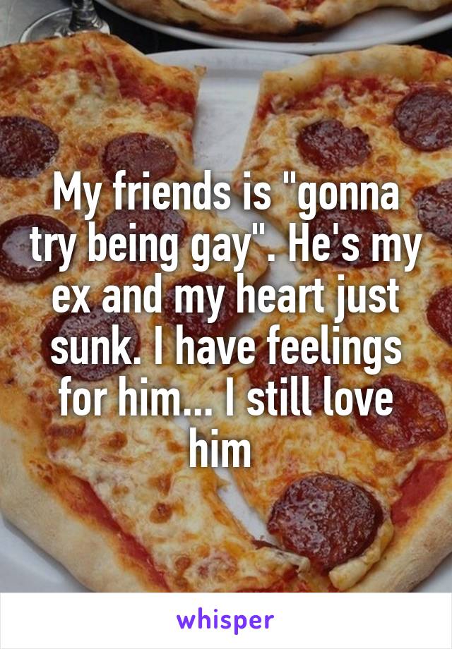 My friends is "gonna try being gay". He's my ex and my heart just sunk. I have feelings for him... I still love him 