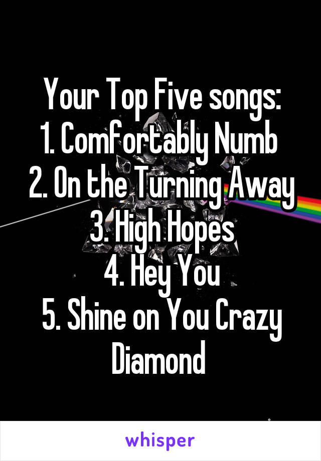 Your Top Five songs:
1. Comfortably Numb 
2. On the Turning Away
3. High Hopes
4. Hey You
5. Shine on You Crazy Diamond 