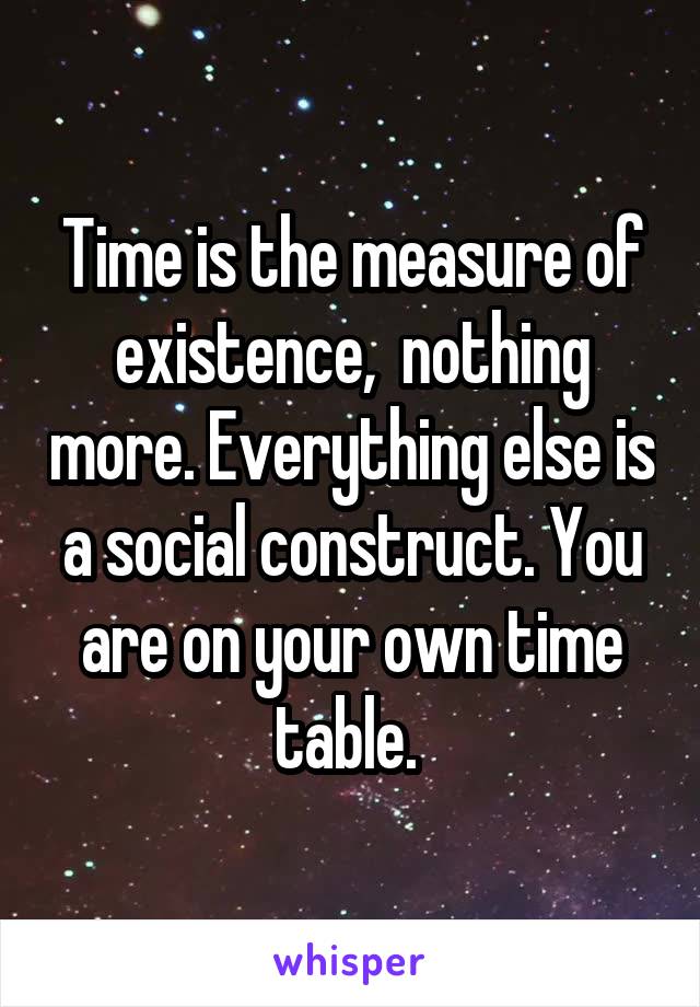 Time is the measure of existence,  nothing more. Everything else is a social construct. You are on your own time table. 