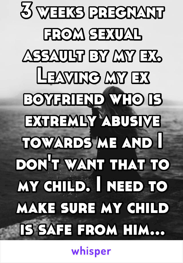 3 weeks pregnant from sexual assault by my ex. Leaving my ex boyfriend who is extremly abusive towards me and I don't want that to my child. I need to make sure my child is safe from him...
