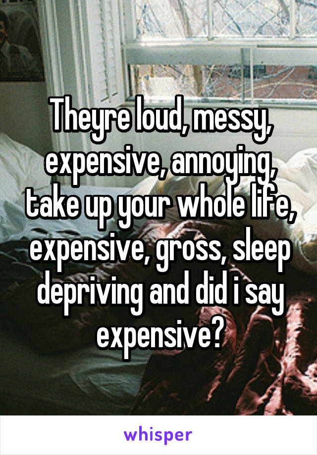 Theyre loud, messy, expensive, annoying, take up your whole life, expensive, gross, sleep depriving and did i say expensive?