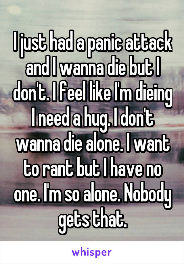 I just had a panic attack and I wanna die but I don't. I feel like I'm dieing I need a hug. I don't wanna die alone. I want to rant but I have no one. I'm so alone. Nobody gets that.