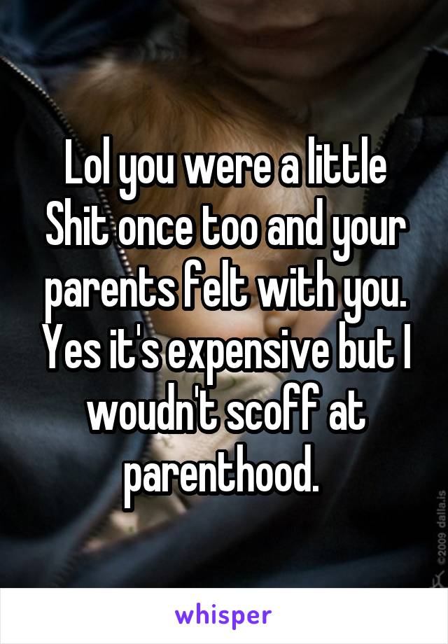 Lol you were a little
Shit once too and your parents felt with you. Yes it's expensive but I woudn't scoff at parenthood. 