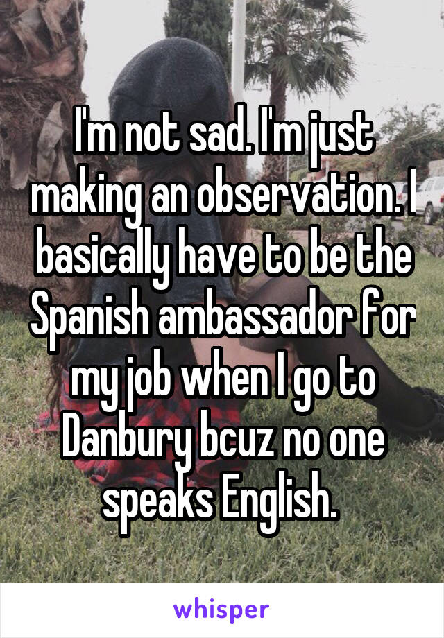 I'm not sad. I'm just making an observation. I basically have to be the Spanish ambassador for my job when I go to Danbury bcuz no one speaks English. 