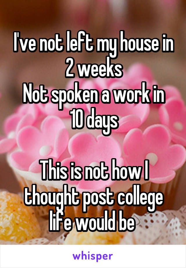 I've not left my house in 2 weeks
Not spoken a work in 10 days

This is not how I thought post college life would be 