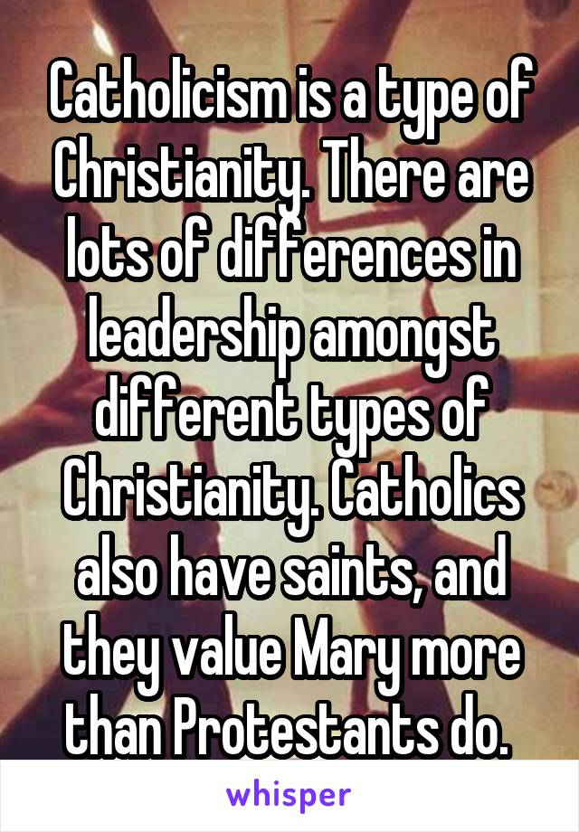 Catholicism is a type of Christianity. There are lots of differences in leadership amongst different types of Christianity. Catholics also have saints, and they value Mary more than Protestants do. 