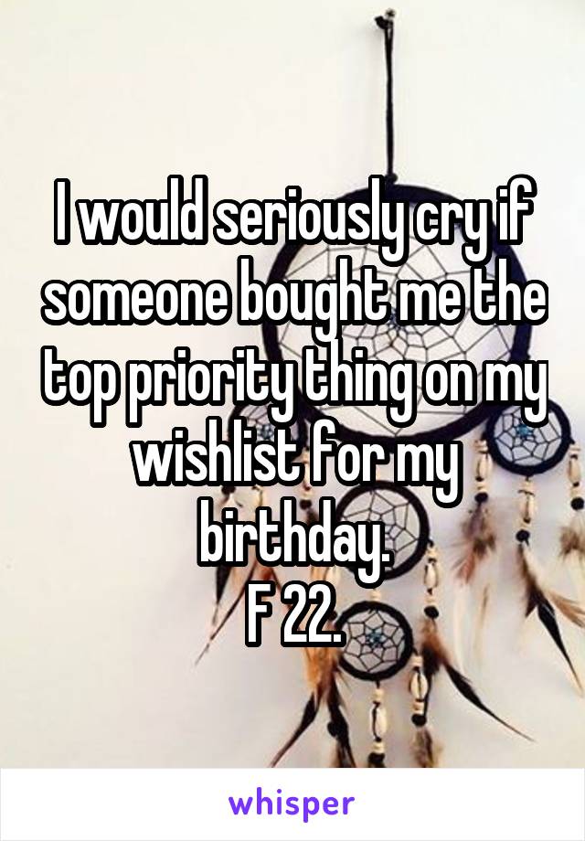 I would seriously cry if someone bought me the top priority thing on my wishlist for my birthday.
F 22.