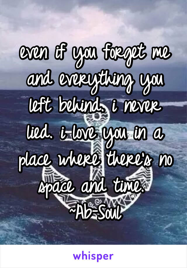 even if you forget me and everything you left behind. i never lied. i love you in a place where there's no space and time. 
~Ab-Soul
