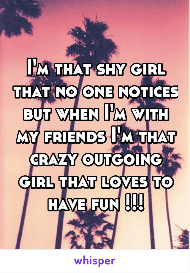I'm that shy girl that no one notices but when I'm with my friends I'm that crazy outgoing girl that loves to have fun !!!