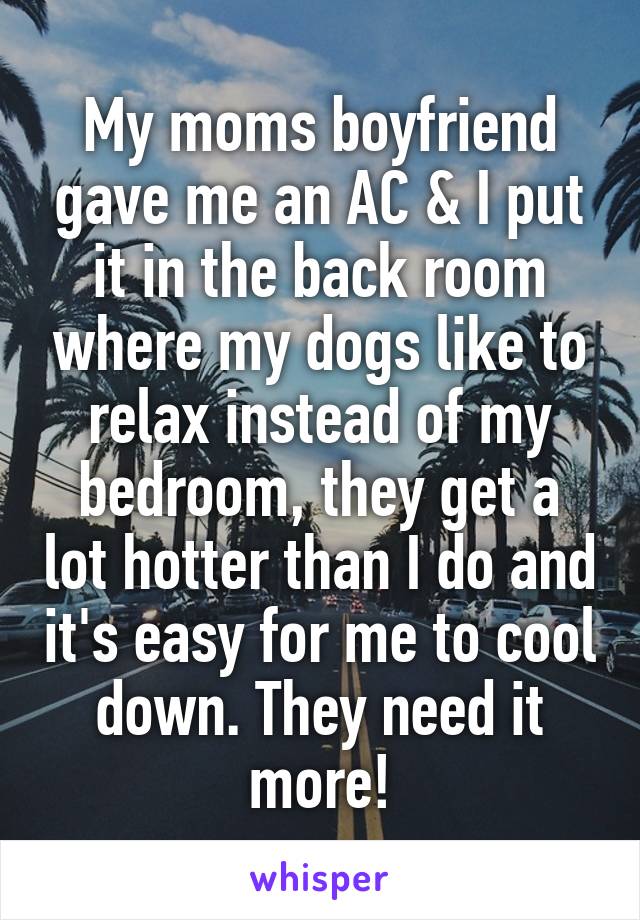 My moms boyfriend gave me an AC & I put it in the back room where my dogs like to relax instead of my bedroom, they get a lot hotter than I do and it's easy for me to cool down. They need it more!
