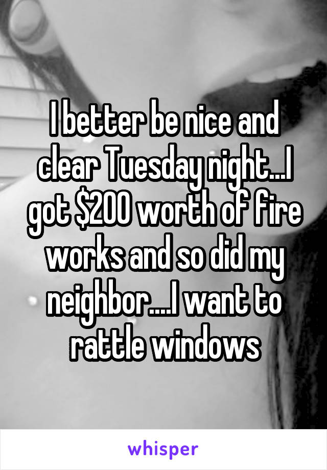 I better be nice and clear Tuesday night...I got $200 worth of fire works and so did my neighbor....I want to rattle windows