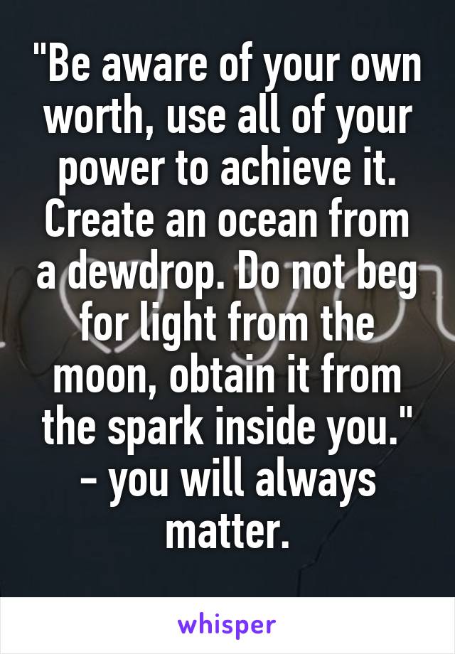 "Be aware of your own worth, use all of your power to achieve it. Create an ocean from a dewdrop. Do not beg for light from the moon, obtain it from the spark inside you." - you will always matter.
