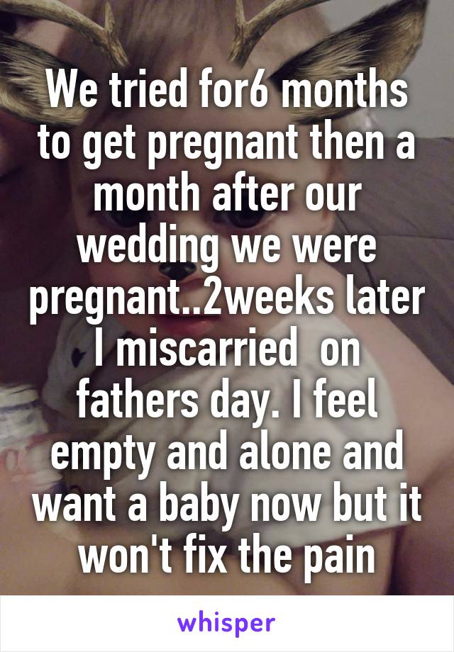 We tried for6 months to get pregnant then a month after our wedding we were pregnant..2weeks later I miscarried  on fathers day. I feel empty and alone and want a baby now but it won't fix the pain