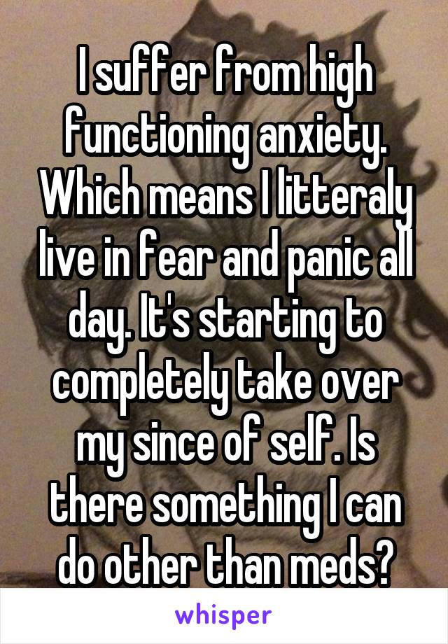 I suffer from high functioning anxiety. Which means I litteraly live in fear and panic all day. It's starting to completely take over my since of self. Is there something I can do other than meds?
