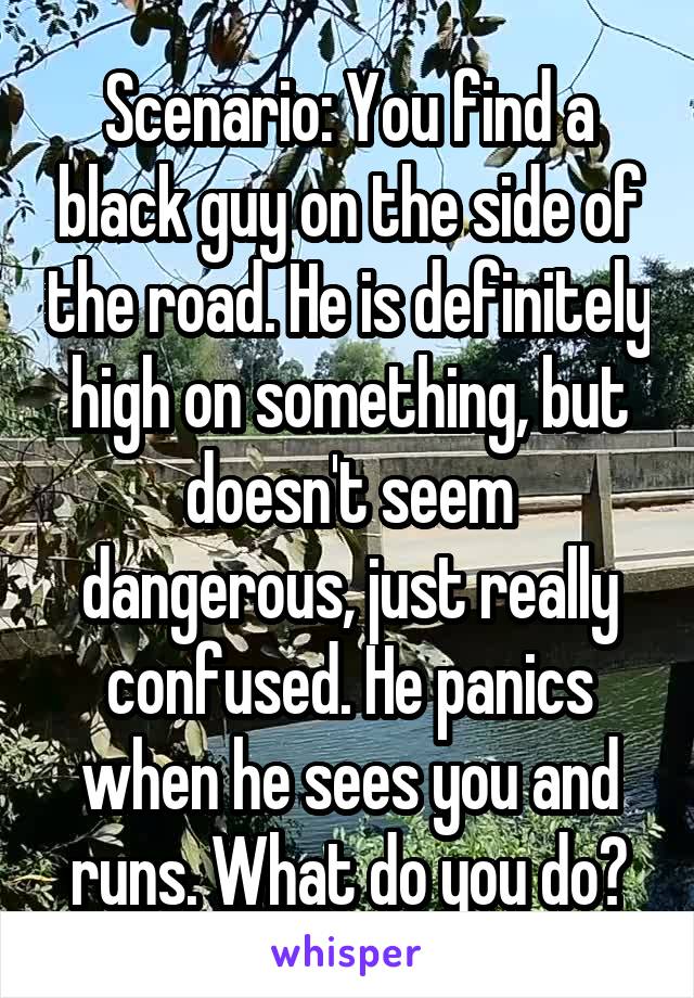 Scenario: You find a black guy on the side of the road. He is definitely high on something, but doesn't seem dangerous, just really confused. He panics when he sees you and runs. What do you do?