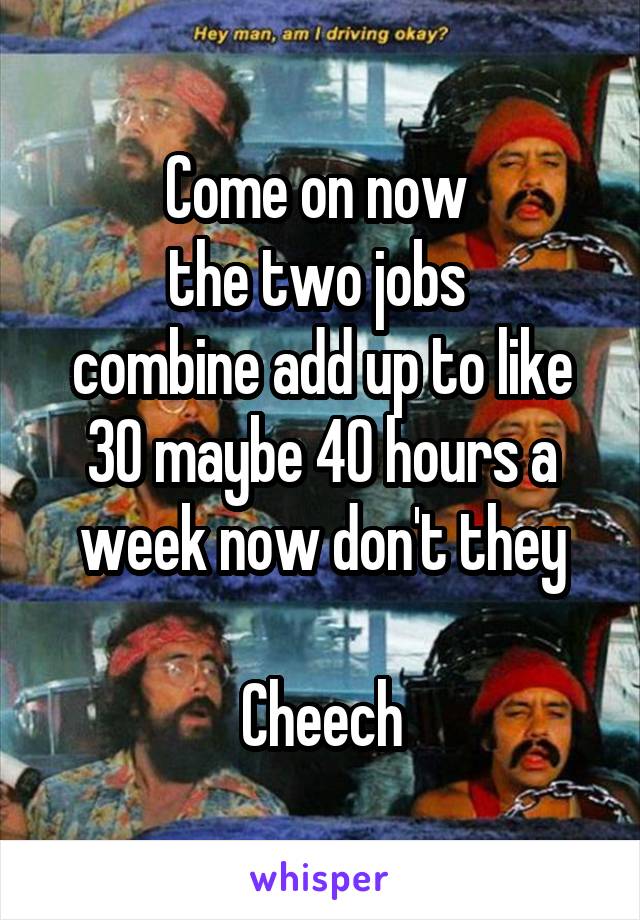 Come on now 
the two jobs 
combine add up to like 30 maybe 40 hours a week now don't they

Cheech