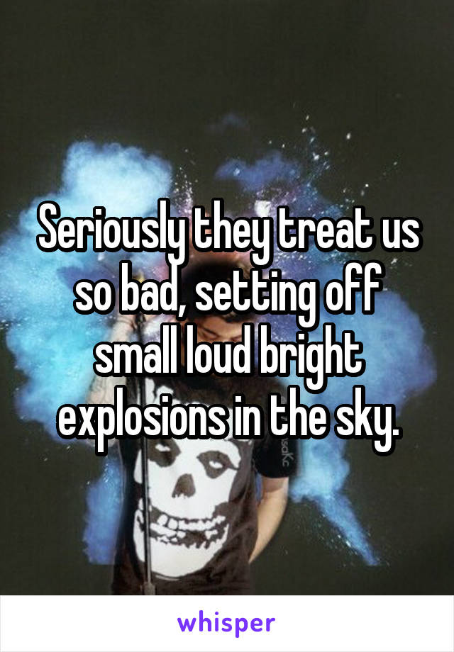 Seriously they treat us so bad, setting off small loud bright explosions in the sky.